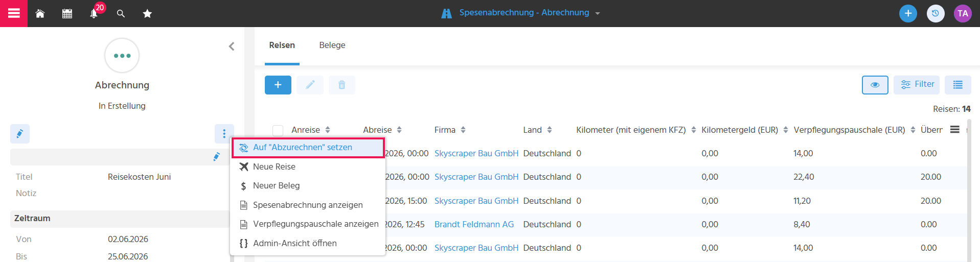 Vorschau der Spesenabrechnung mit geöffnetem Auswahlbereich "weitere Aktionen"