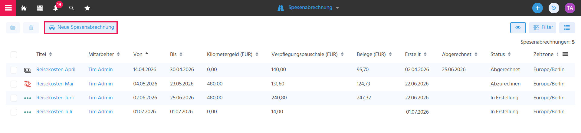 Filterview des Contexts "Spesenabrechnung" mit dem Button "Neue Spesenabrechnung"
