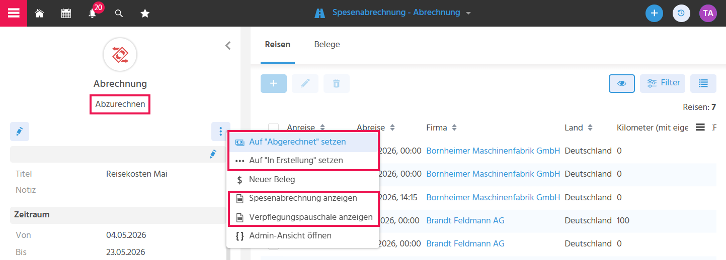 Vorschau der Spesenabrechnung mit geöffnetem Auswahlbereich "weitere Aktionen" im Status "Abzurechnen"
