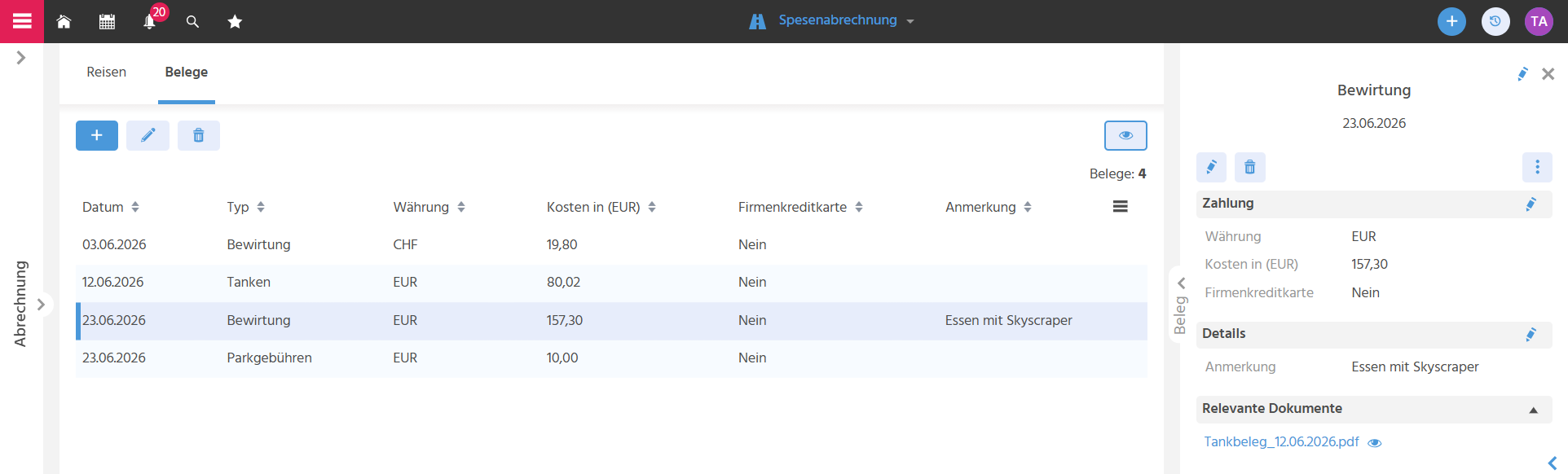 Tab "Beleg" in der Filteransicht mit mehreren Belegdatensätzen