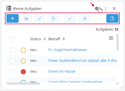 Aktionsleiste mit Zahnrad-Button zum Ein- bzw. Ausblenden der Aktionen