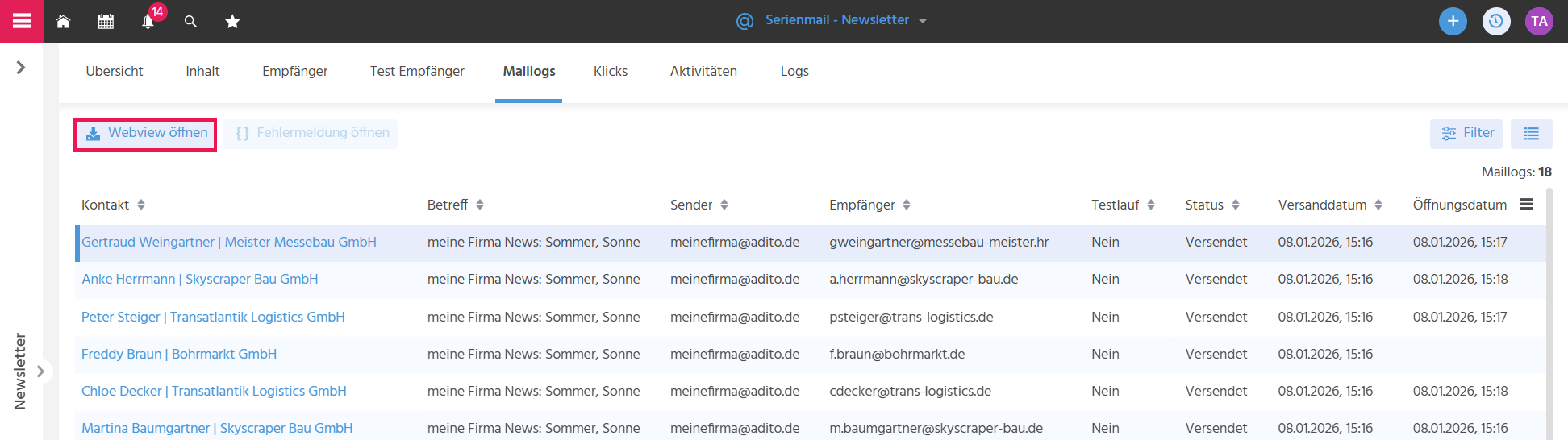 Tab "Maillogs" einer Serienmail in ADITO xRM mit markiertem Maillog-Datensatz und aktiver Aktion "Webview öffnen" zur Anzeige der versendeten E-Mail