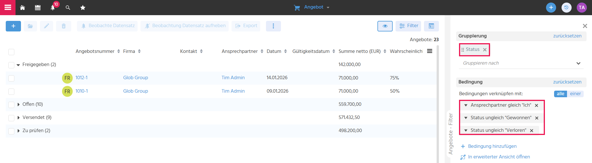 Ansicht der Filterview des Angebots mit der im Text genannten Gruppierung und den genannten Filterbedingungen