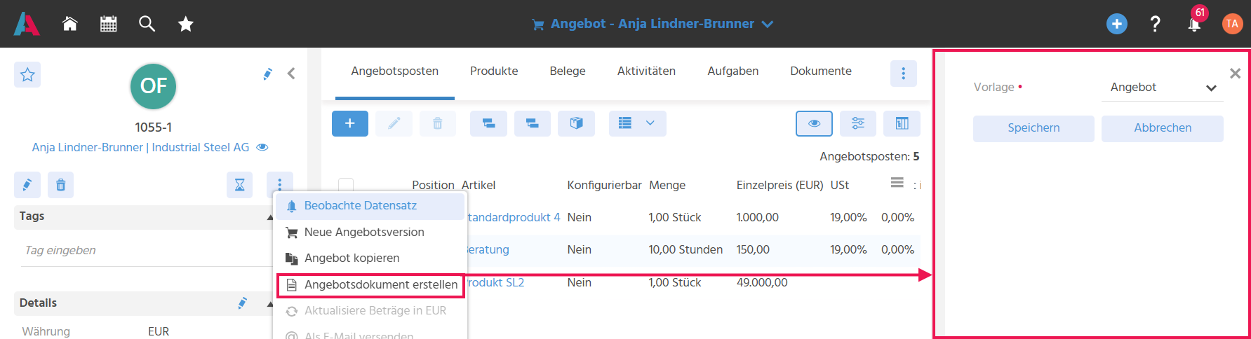 Hauptansicht eines Angebots. Das Auswahlfenster der "Weiteren Aktionen" ist geöffnet und die Aktion "Angebotsdokument erstellen" ist optisch hervorgehoben. Von der Aktion aus geht ein Pfeil zur geöffneten SmallEdit, in der eine Angebotsvorlage gewählt werden kann.