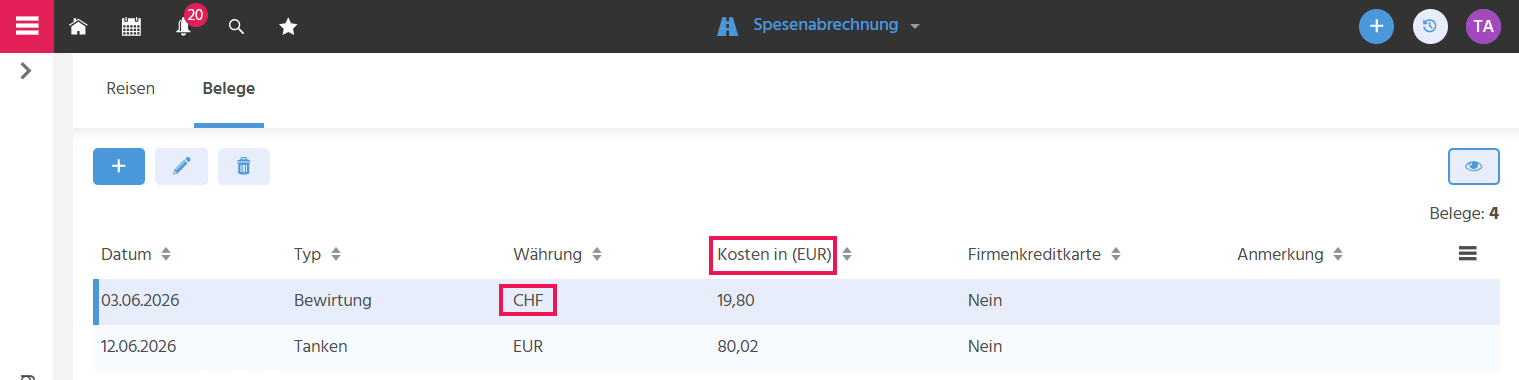 Der Tab "Belege" wird mit Fremdwährungsbeleg angezeigt