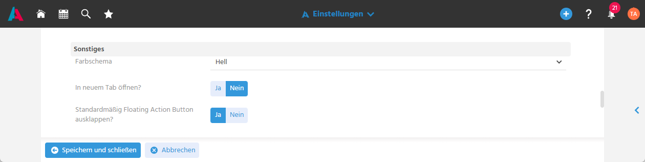 Benutzermenü-Einstellungen mit Auswahl des Farbschemas Hell, Dunkel, Kontrast