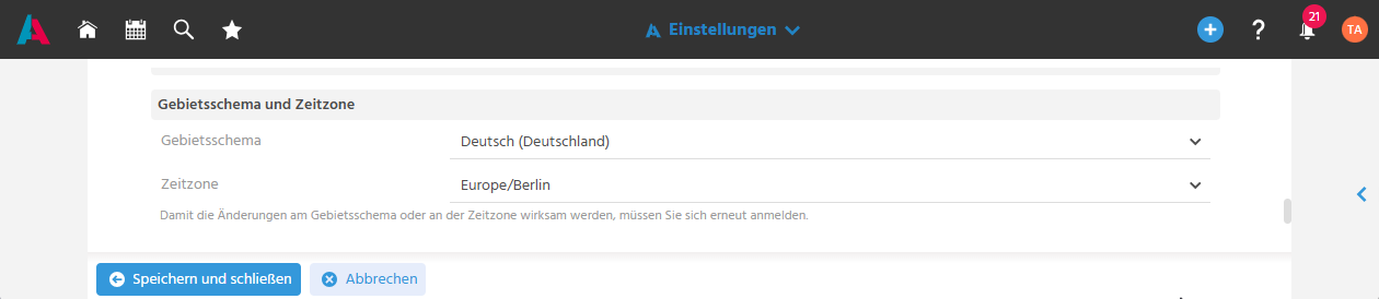 Benutzermenü mit Einstellungen für Gebietsschema und Zeitzone