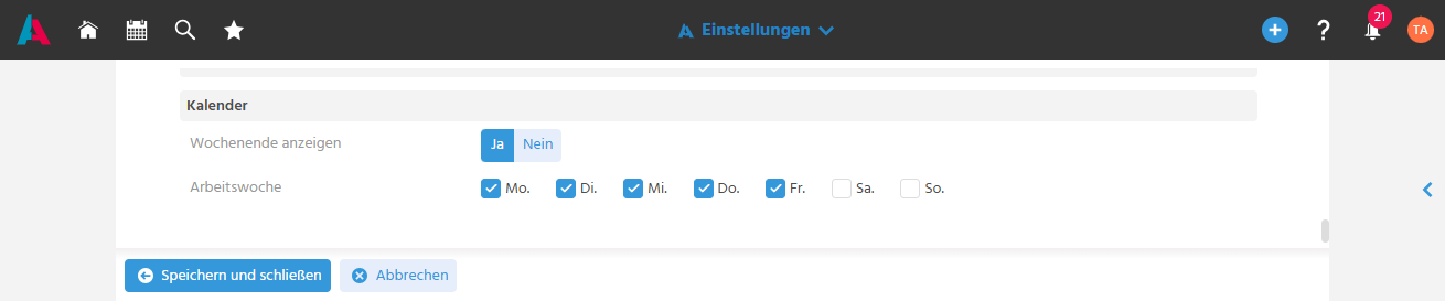 Benutzermenü mit Einstellungen zur Kalenderanzeige