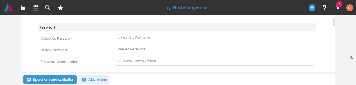 Benutzermenü mit Option zum Ändern des Passworts