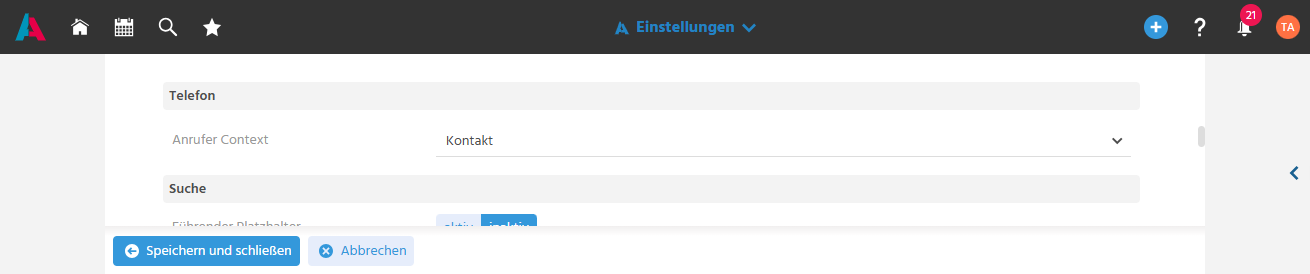 Benutzermenü-Einstellungen zur Konfiguration des Telefons und des sich bei Anruf öffnenden Contexts