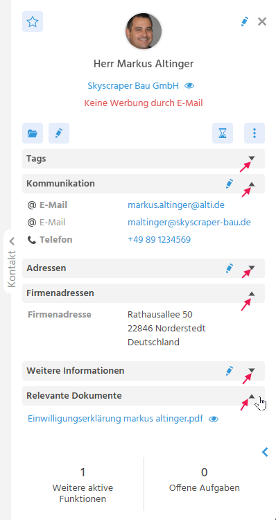 Einzelne Bereiche der Vorschau ein- bzw. aufklappen