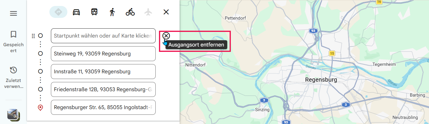 Hier wird ein Ausschnitt von Google Maps angezeigt, in dem gezeigt wird, wie man den Ausgangsort und andere Reiseziele entfernen kann.