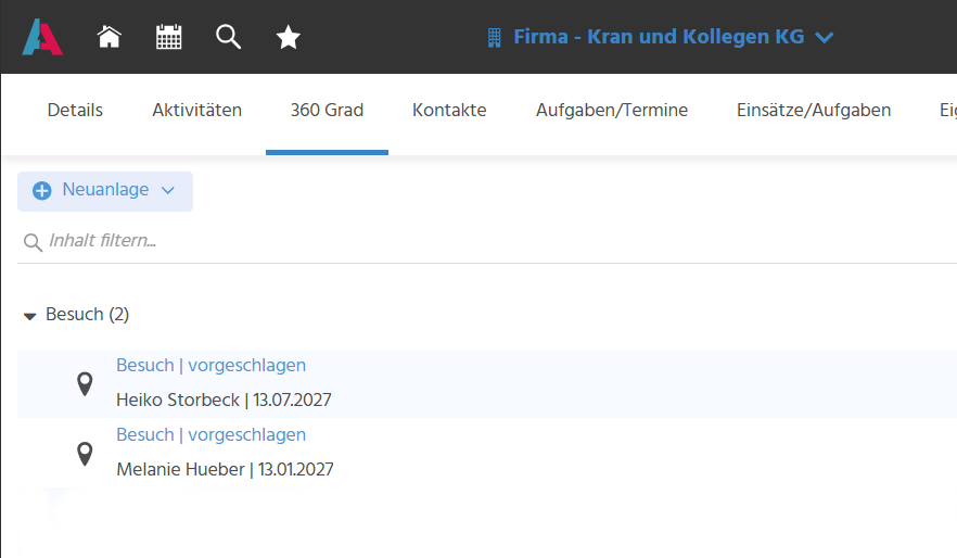 Hier wird der Tab "360 Grad" aus dem Context "Firma" angezeigt. In der 360 Grad-Ansicht werden zwei Besuche angezeigt, jeweils mit Status, Betreuer und Datum des Besuchs.