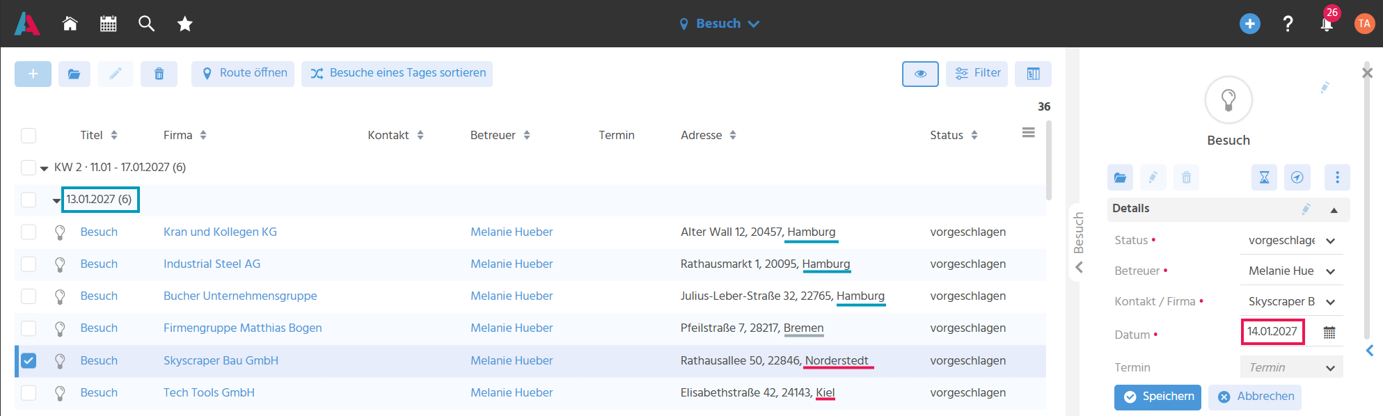 Hier sieht man die Filterview des Contexts "Besuch" mit Gruppierung nach KW und Datum. Ein Datensatz ist markiert und in der Vorschau des Datensatzes wird die Detailansicht im Edit-Modus angezeigt. Das Feld Datum ist rot umrandet, um es optisch hervorzuheben.