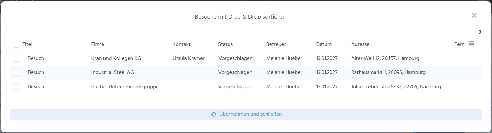 Hier wird das Overlay zum Sortieren der Datensätze angezeigt.