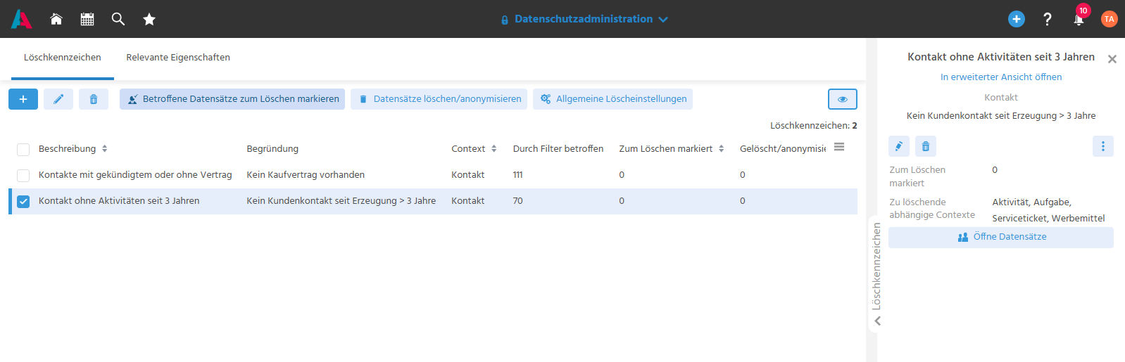 Tab "Löschkennzeichen" mit der Auflistung aller im System konfigurierten Löschkennzeichen (z. B. "Alle Kontakte ohne Kaufvertrag", "Aktivitäten älter als 3 Jahre") und der Vorschau eines ausgewählten Löschkennzeichens