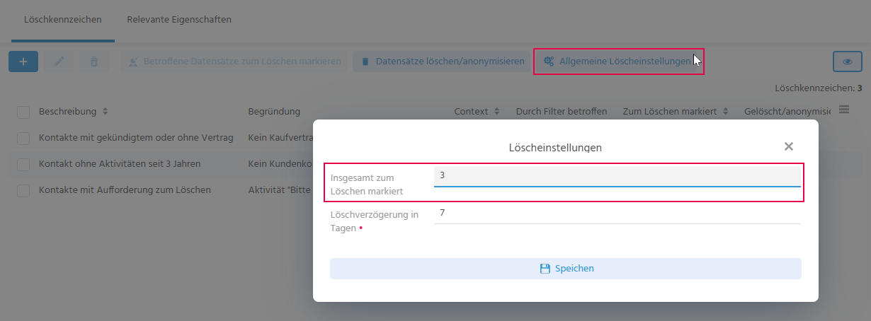 Dialog "Allgemeine Löscheinstellungen" mit den Feldern "Insgesamt zum Löschen markiert" und "Löschverzögerung in Tagen"