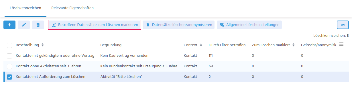 Tab "Löschkennzeichen" mit ausgewähltem Löschkennzeichen und hervorgehobener Action "Betroffene Datensätze zum Löschen markieren"