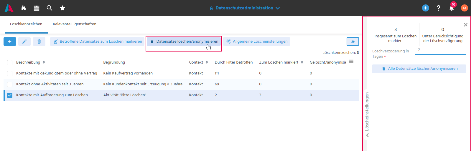 Tab "Löschkennzeichen" im Context "Datenschutzadministration" mit hervorgehobener Aktion "Datensätze löschen/anonymisieren"