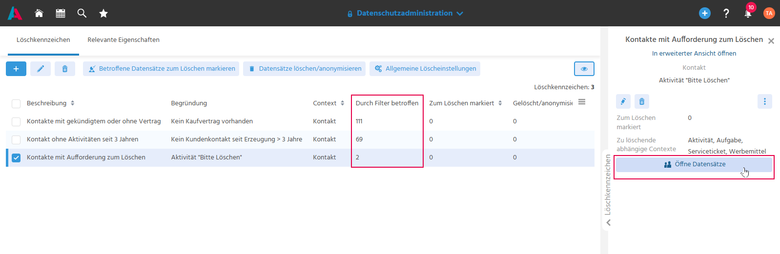 Vorschau eines Löschkennzeichens mit "Durch Filter betroffen" und dem Button "Öffne Datensätze"