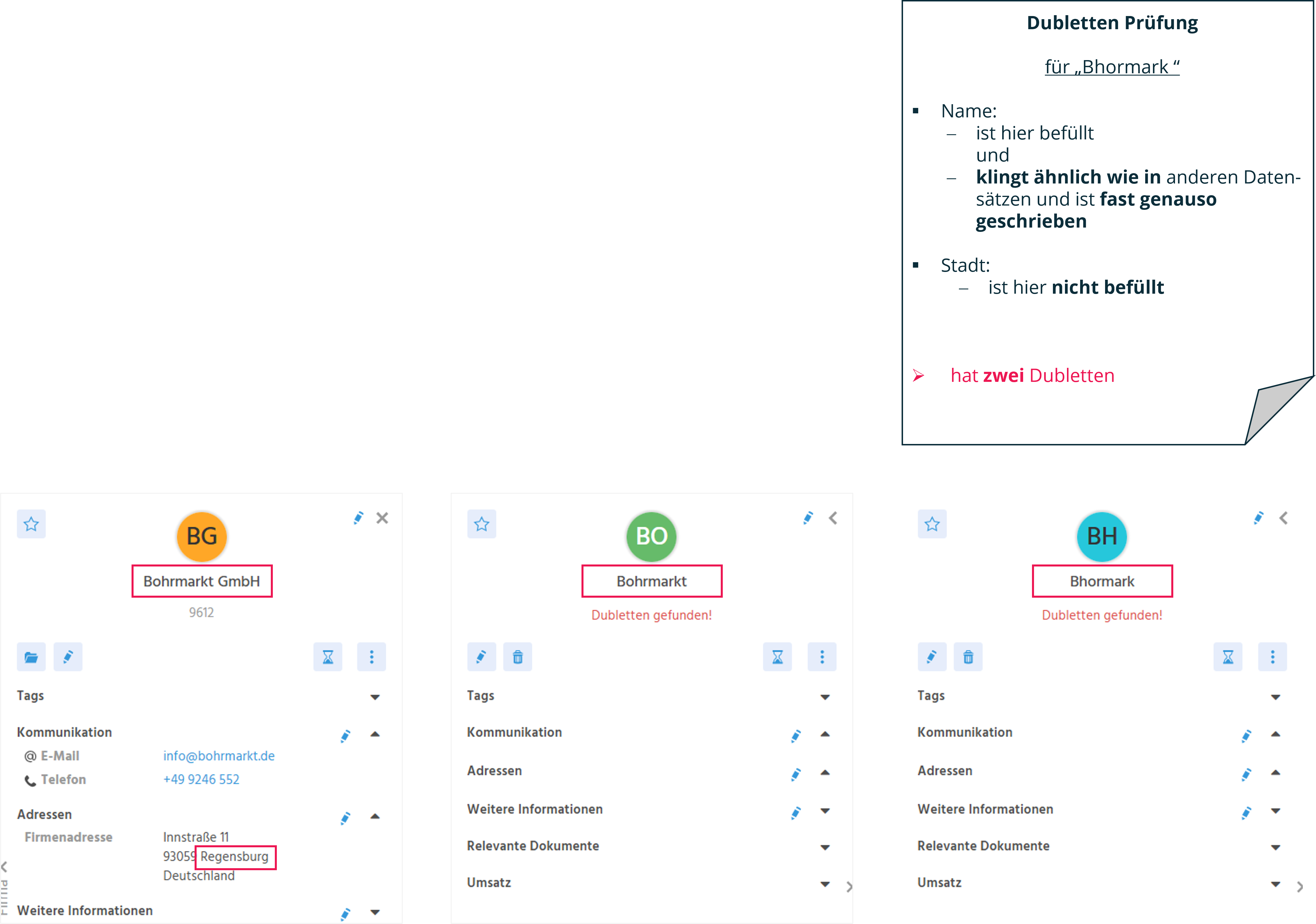 Tab "Dubletten" der Firma "Bhormark" in ADITO xRM mit erkannten Dubletten zu Firma A und B, da die Standardstadt leer ist und nicht berücksichtigt wird