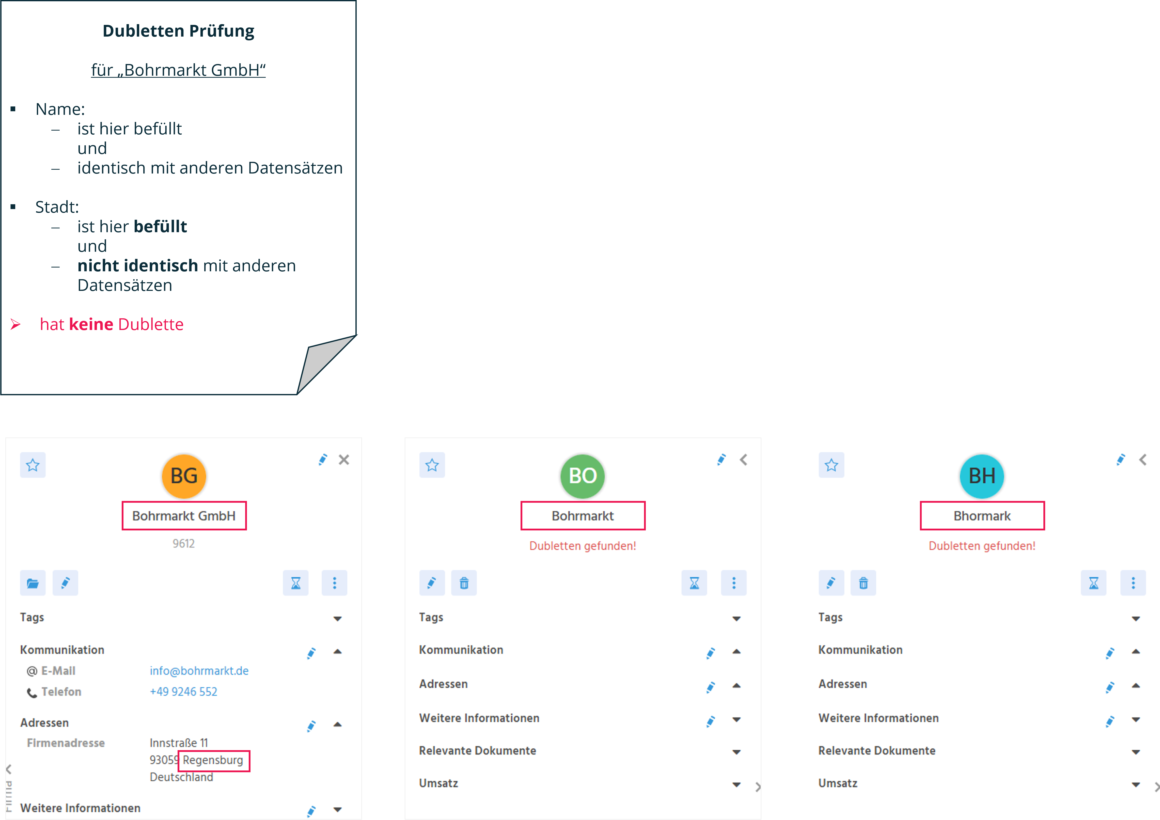 Tab "Dubletten" der Firma "Bohrmarkt GmbH" in ADITO xRM ohne erkannte Dubletten, da die Standardstadt befüllt ist und berücksichtigt wird