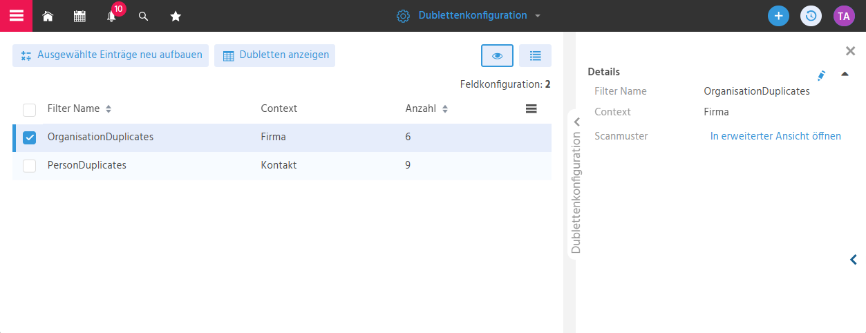 Übersichtsansicht der Dublettenkonfiguration in ADITO xRM mit der Liste der konfigurierten Scanmuster für Firma und Kontakt