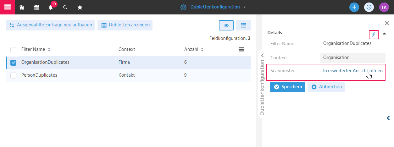 Geöffnete erweiterte Filteransicht in der Dublettenkonfiguration in ADITO xRM zur Konfiguration des Scanmusters