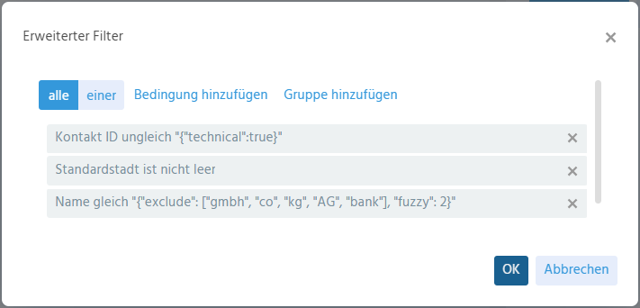 Konfiguriertes Scanmuster für Firma im Demosystem mit Filterkriterien für Kontakt_ID, Standardstadt und Name