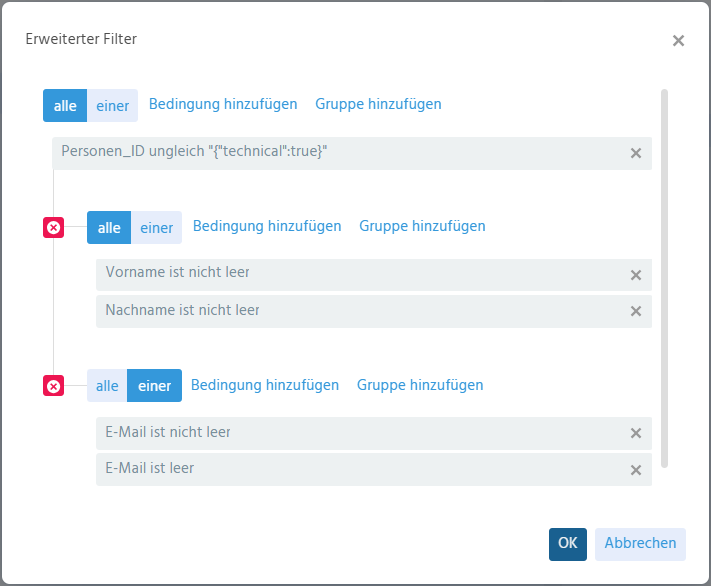 Konfiguriertes Scanmuster für Kontakt im Demosystem mit Filterkriterien für Person_ID, Vorname, Nachname und E-Mail