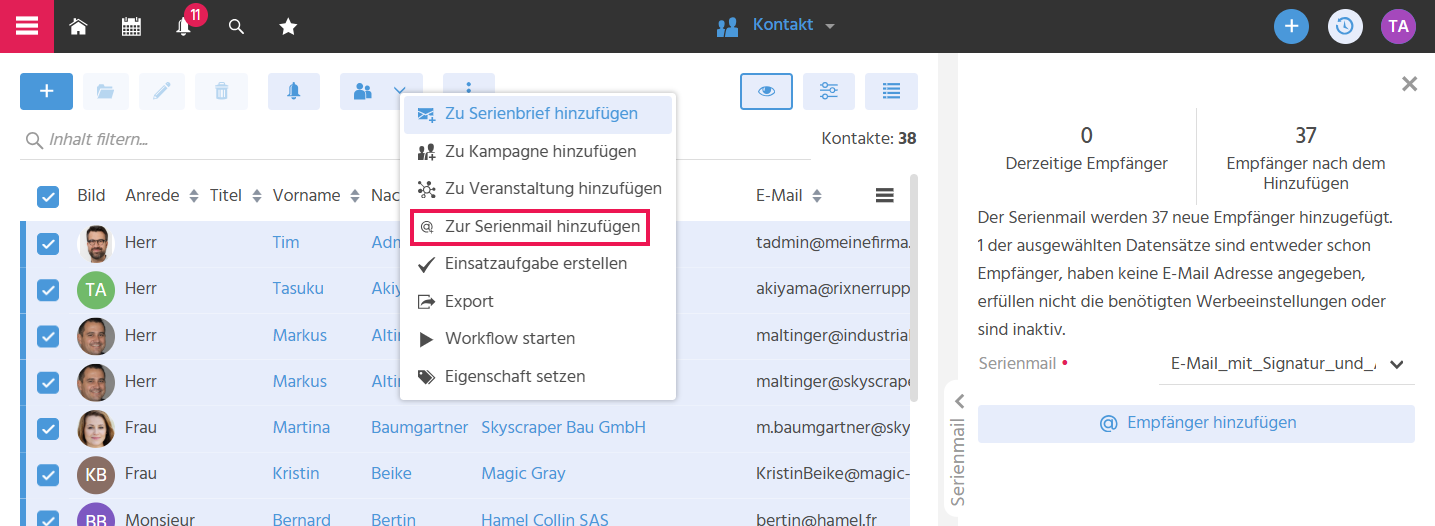 Dialog "Zur Serienmail hinzufügen" in ADITO xRM mit Auswahl einer Serienmail und Anzeige der Anzahl der hinzuzufügenden und ausgeschlossenen Empfänger