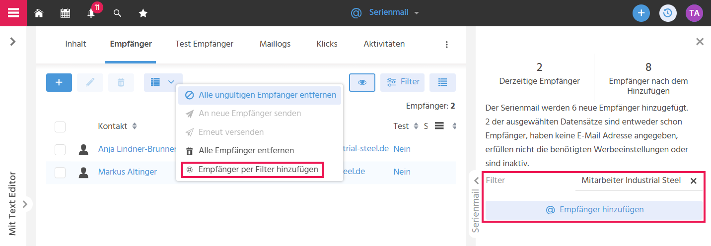 Dialog "Empfänger per Filter hinzufügen" in ADITO xRM mit gespeicherten Filtern aus den Contexten "Kontakt" und "Firma" zur Auswahl einer Empfängergruppe