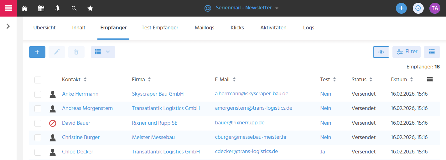 Tab "Empfänger" einer Serienmail in ADITO xRM mit der Empfängerliste, Statusanzeige und verfügbaren Aktionen zur Empfängerverwaltung