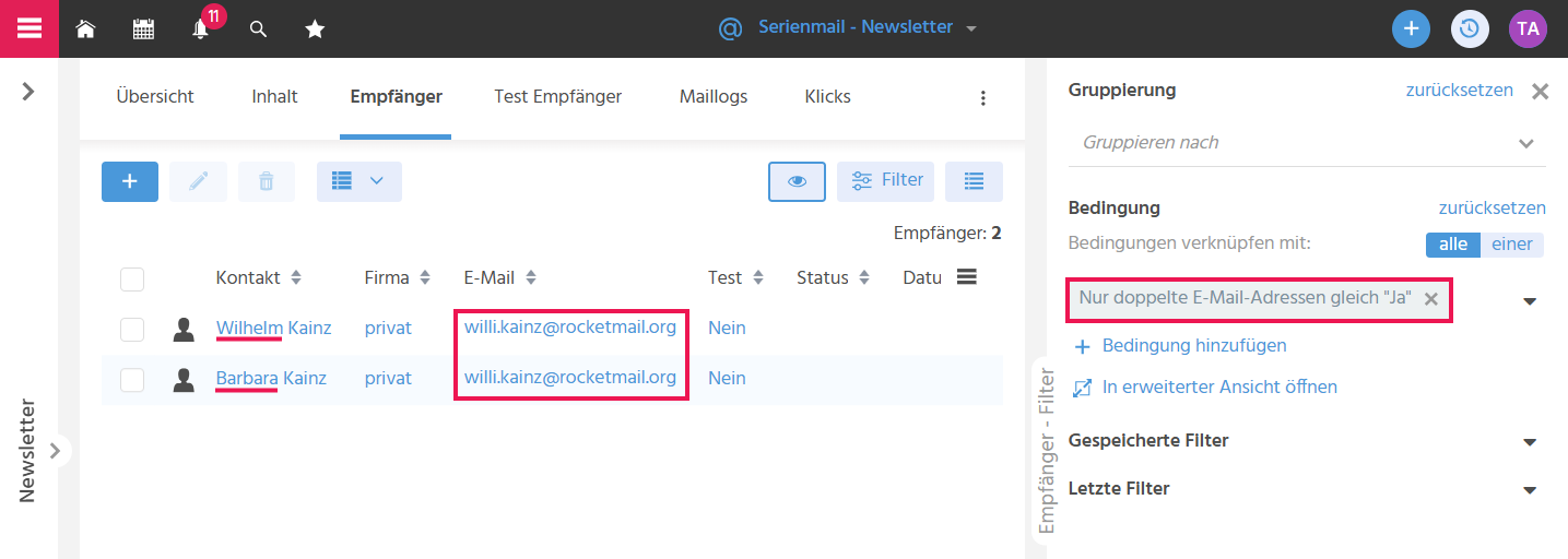 Tab "Empfänger" einer Serienmail in ADITO xRM mit aktivierter Filterbedingung "Nur doppelte E-Mail-Adressen gleich Ja" zur Anzeige mehrfach vorhandener Adressen