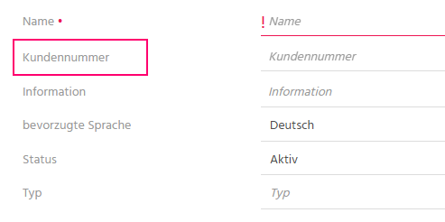 Bearbeitungsansicht eines Firmen-Datensatzes in ADITO xRM mit hervorgehobenem Feld "Kundennummer" zur eindeutigen Zuordnung der Firma