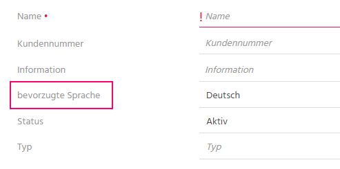 Bearbeitungsansicht eines Firmen-Datensatzes in ADITO xRM mit hervorgehobenem Feld "Bevorzugte Sprache" zur Auswahl der Unternehmenssprache