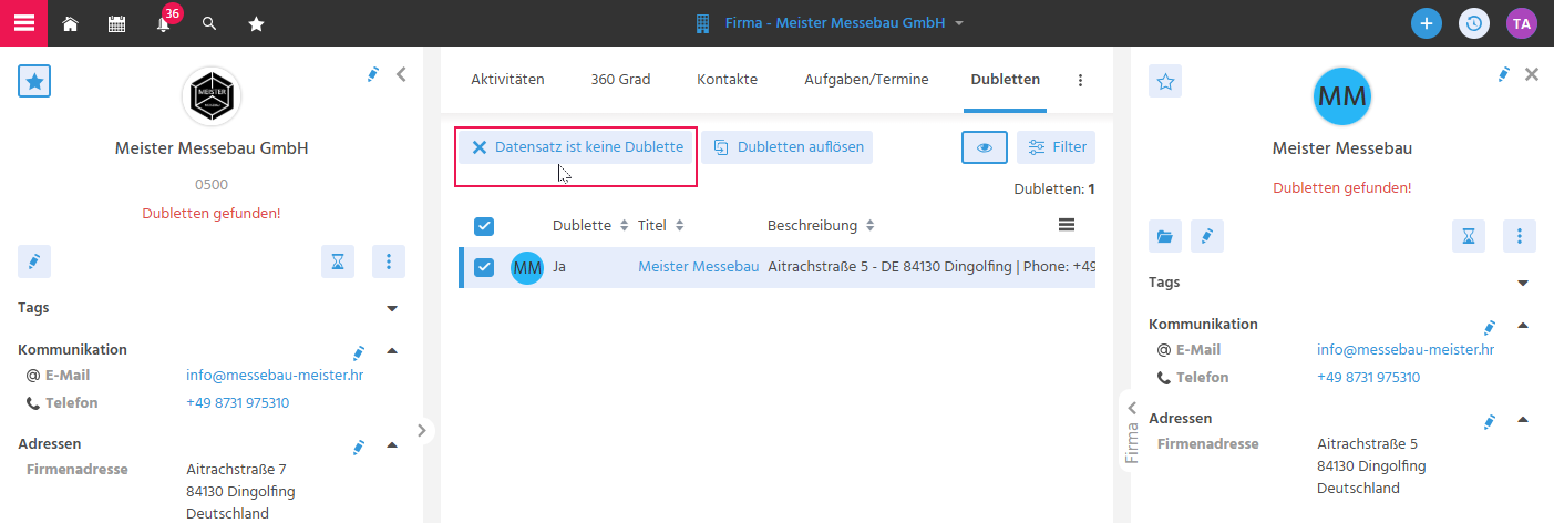 Tab "Dubletten" eines Firmen-Datensatzes in ADITO xRM mit hervorgehobener Aktion "Datensatz ist keine Dublette" zum Ausschließen falsch erkannter Dubletten