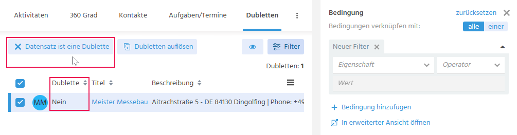 Filteransicht "Firma" in ADITO xRM mit einem markierten Datensatz mit Dublette "Nein" und der aktiven Aktion "Datensatz ist eine Dublette" zum Rückgängigmachen