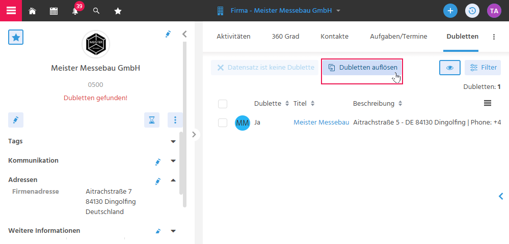 Dialog "Dublette auflösen" in ADITO xRM mit den Feldern "Original" und "Dublette" sowie der Aktion "Zusammenführen"