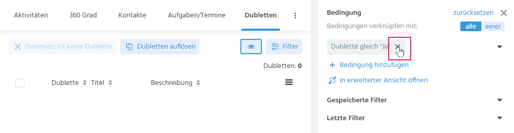 Filteransicht "Firma" in ADITO xRM mit entferntem vordefinierten Filter "Dublette gleich Ja", sodass auch als Nicht-Dublette gekennzeichnete Datensätze angezeigt werden
