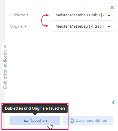 Dialog "Dublette auflösen" in ADITO xRM mit hervorgehobener Aktion "Tauschen" zum Wechseln der Rollen von Original und Dublette