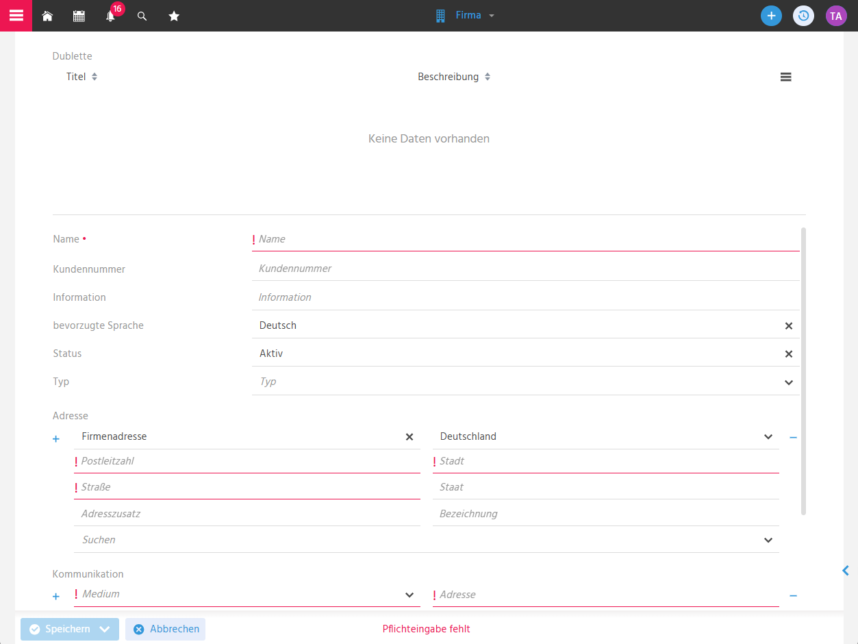 Bearbeitungsansicht eines neuen Firmen-Datensatzes in ADITO xRM mit Eingabefeldern für Firmenname, Typ, Status und Adressdaten
