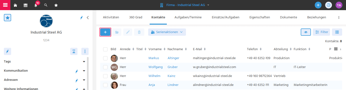Tab "Kontakte" in der Hauptansicht einer Firma in ADITO xRM mit hervorgehobenem Neuanlage-Button zum Anlegen eines neuen Kontakts