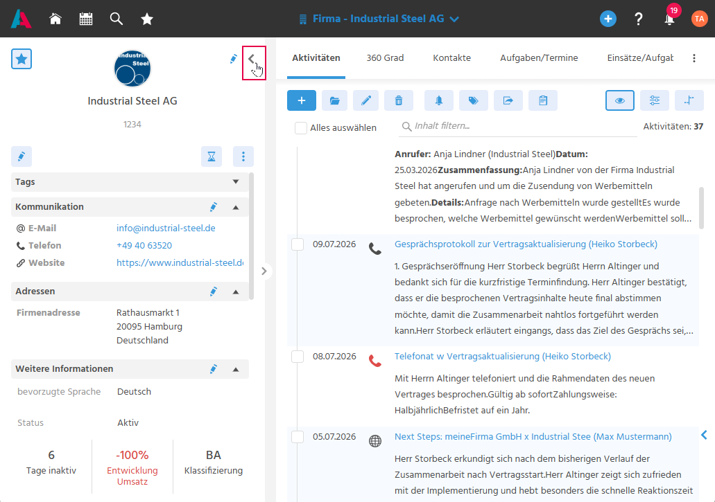 Hauptansicht eines Datensatzes mit Tabs, links die ausblendbare Vorschau