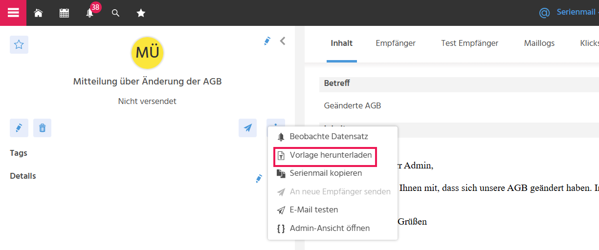 Vorschau einer Serienmail in ADITO xRM mit hervorgehobener Aktion "Vorlage herunterladen" zum Speichern der verwendeten Dokumentvorlage