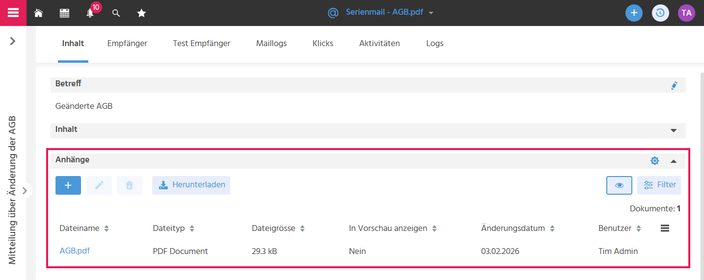 Bearbeitungsansicht einer Serienmail in ADITO xRM mit Anhang-Bereich zum Hochladen von Dokumenten, die zusammen mit der Serienmail versendet werden