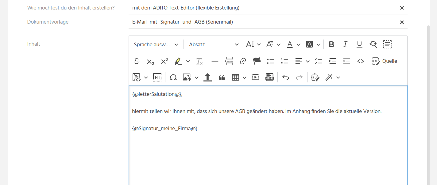 Bearbeitungsansicht einer Serienmail in ADITO xRM mit gewähltem Text-Editor und ausgewählter Dokumentvorlage im Typ "E-Mail"