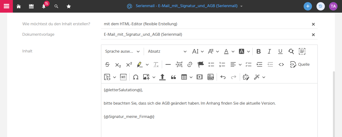 Bearbeitungsansicht einer Serienmail in ADITO xRM mit gewähltem Text-Editor und ausgewählter Dokumentvorlage im Typ "E-Mail"