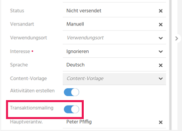 Vorschau einer Serienmail in ADITO xRM mit hervorgehobenem Toggle-Button "Transaktionsmailing" zur Steuerung des E-Mail-Headers