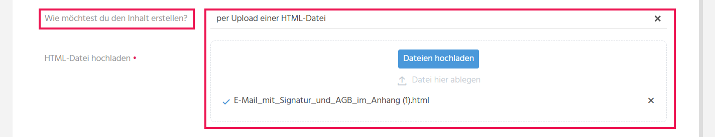 Bearbeitungsansicht einer Serienmail in ADITO xRM mit geöffnetem Upload-Bereich zum Hochladen einer externen HTML-Datei als Serienmail-Inhalt